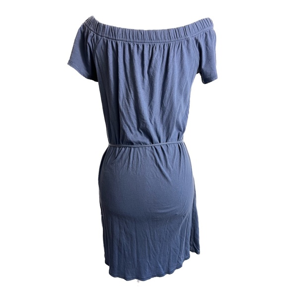 Vintage Beach Tees Blue Off-shoulder Mini Dress with tie belt, 100% Cotton - Picture 2 of 6